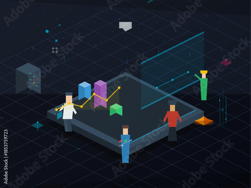 Team members work together on a digital project while using 3D models and visual data at a tech office