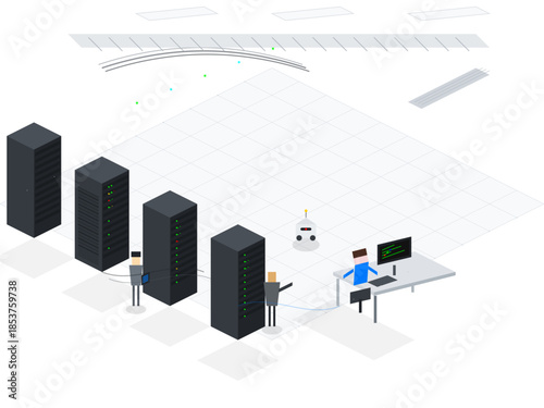Data center setup with multiple servers and a technician working at a desk during the daytime