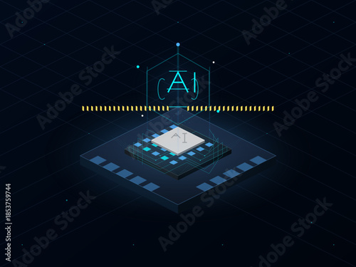 Focus on AI technology with a circuit board and data representation in a digital space