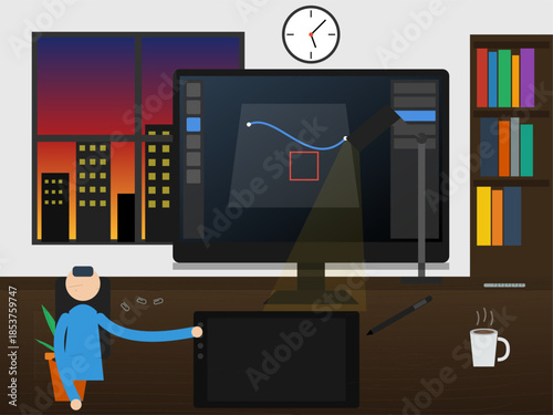 Digital artist works late at night on a design project in a home office