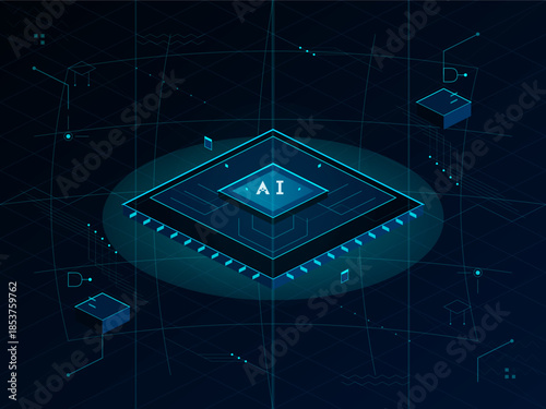 Graphic shows a digital circuit board with the letters AI at the center while other shapes are connected to it, symbolizing technology and networks