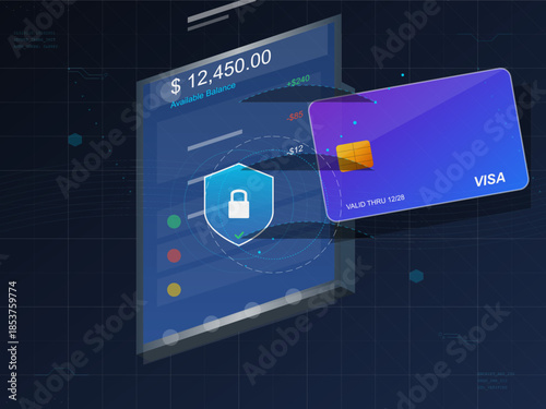 Digital banking platform shows secure transfer of money with credit card and balance information on display