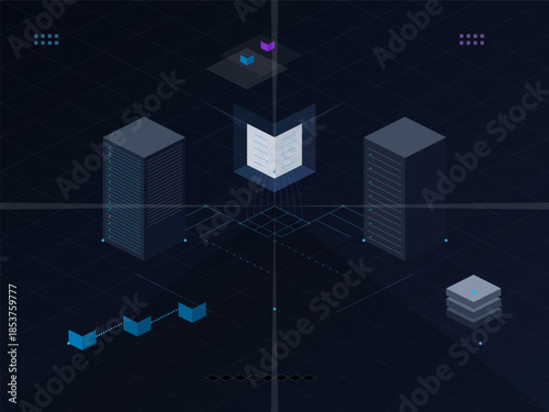 Digital data storage and management setup with servers and files in a tech environment