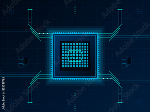Complex circuit design showing microprocessor and pathway on electronic board