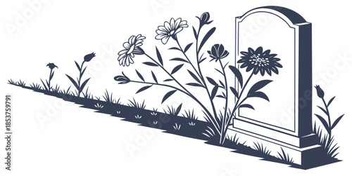 Silhouetted grave marker with wildflowers