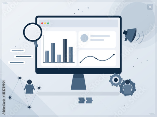 Data analysis tools on computer screen showing graphs and charts with search function in digital space