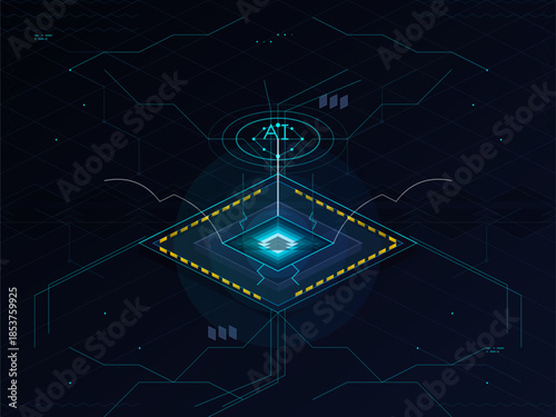 Digital design showing a central structure with glowing blue light and technological elements at night
