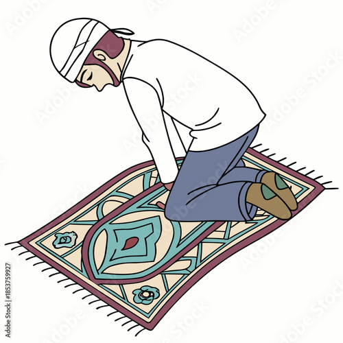 Man performing islamic prayer on prayer rug