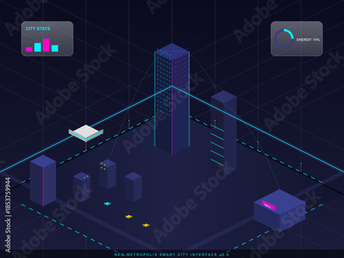 Smart city interface shows energy stats and building structures in Neo Metropolis during digital simulation