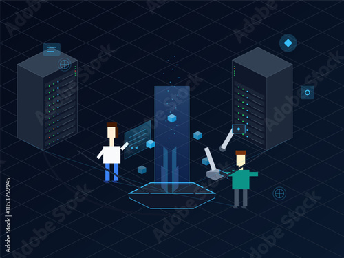 Two people working with computer servers in an office setting during a technology project