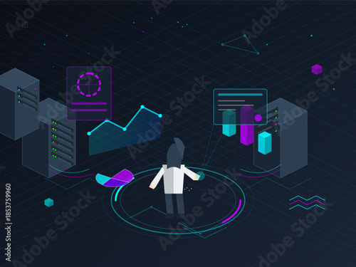 Data analysis and visualization in a modern digital setting with interactive elements and server displays