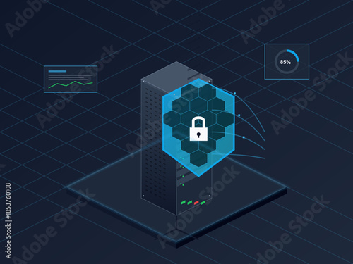 Data security system showing server status and protection features in a modern technology setup during daytime