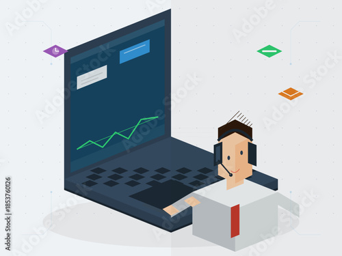 Man with headset working on laptop with charts showing data trends