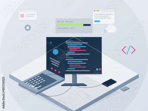 Software development setup shows computer monitor with coding activities and status updates on the deployment process
