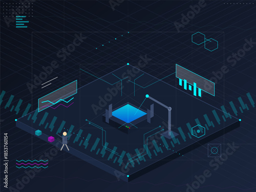 Data analysis and digital interaction occur in a virtual space with graphics and data visualization elements