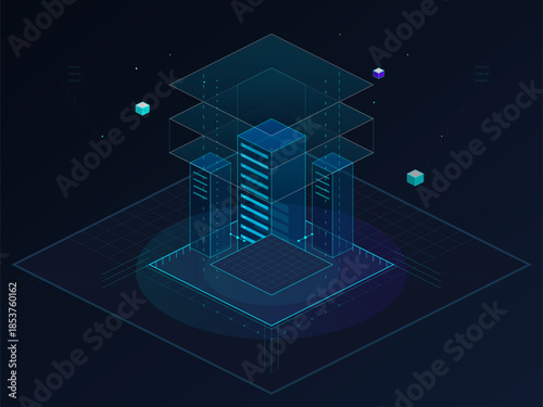 Digital representation of a data center with layered structures and floating elements in a dark background