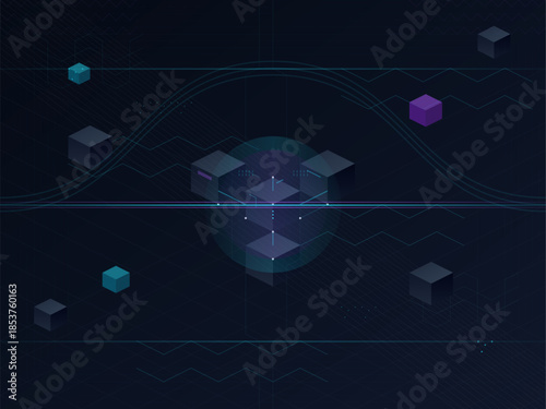 Digital artwork showing floating cubes and lines on a dark background with bright colors and geometric patterns