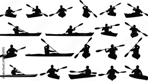 Kayaking, canoeing, silhouette, set, paddling, action, poses, water, sport, athlete, black, vector, illustration, collection, isolated, outdoor, adventure, fitness, icons, design