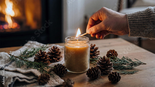 Hand lighting candle pine cone greenery cozy winter interior, warm holiday atmosphere, wooden table, calm mood, soft firelight, home decor comfort