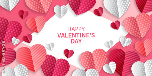 Valentines Day greeting card Creative concept. Trendy minimalist design with pink sky and 3d red and pink paper hearts frame. Cute love sale banner or greeting card. Valentine's day, vertical banners 