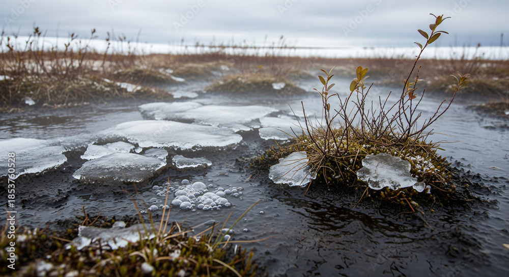 Fototapeta premium A small stream is flowing under the ice, closeup of river with ice in spring