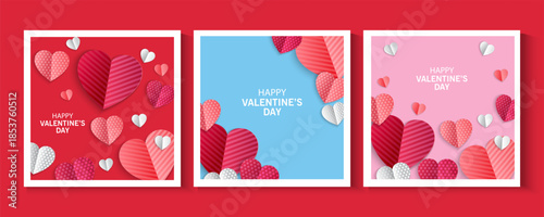 Valentines Day greeting card Creative concept. Trendy minimalist design with pink sky and 3d red and pink paper hearts frame. Cute love sale banner or greeting card. Valentine's day, vertical banners 