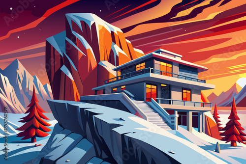 Modern villa and steep hillside blanketed in snow forms a sharp winter landscape, emphasizing vertical drop, frozen textures, and strong contrast between slope and sky