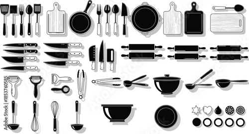 Kitchen utensils silhouettes collection, cookware tools icons set, knives pans spoons boards, black vector illustration isolated on white background design