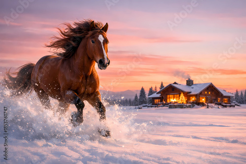 A bay horse galloping freely at dawn across a vast, untouched snowfield. In the distance, a cozy wooden house can be seen on the horizon, with Christmas tree lights burning warmly in the windows