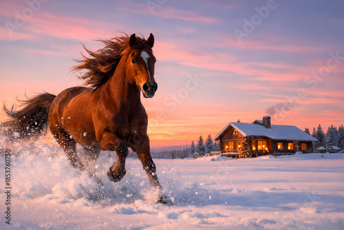 A bay horse galloping freely at dawn across a vast, untouched snowfield. In the distance, a cozy wooden house can be seen on the horizon, with Christmas tree lights burning warmly in the windows