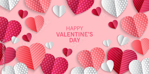 Valentines Day greeting card Creative concept. Trendy minimalist design with pink sky and 3d red and pink paper hearts frame. Cute love sale banner or greeting card. Valentine's day, vertical banners 