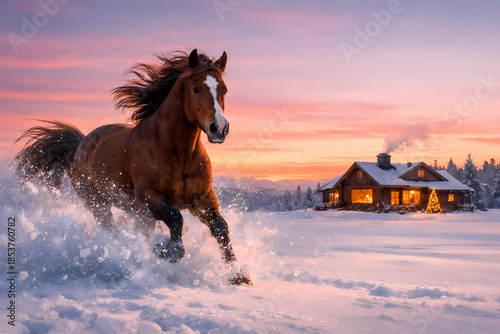 A bay horse galloping freely at dawn across a vast, untouched snowfield. In the distance, a cozy wooden house can be seen on the horizon, with Christmas tree lights burning warmly in the windows