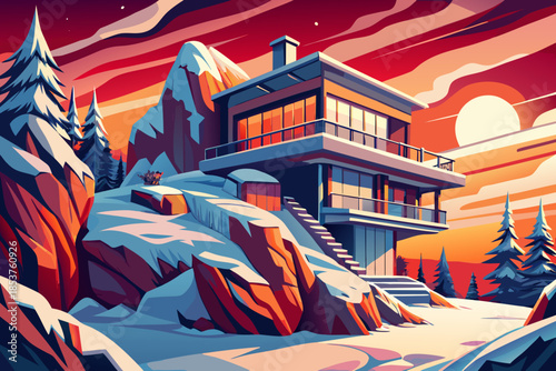 Modern villa and steep hillside blanketed in snow forms a sharp winter landscape, emphasizing vertical drop, frozen textures, and strong contrast between slope and sky