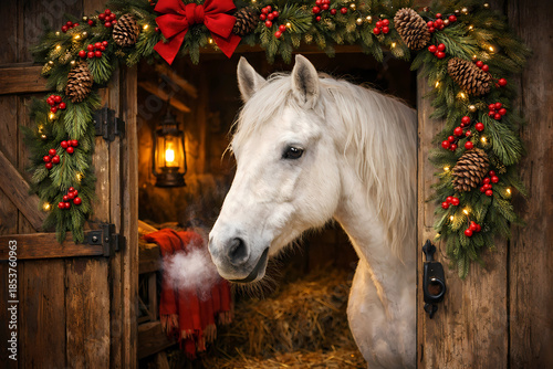 A horse looks out of a comfortably lit country-style stable on a quiet Christmas Eve.  The doorway of the stable is decorated with a lush traditional Christmas wreath of pine, cones and red berries.