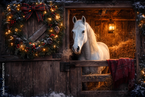 A horse looks out of a comfortably lit country-style stable on a quiet Christmas Eve.  The doorway of the stable is decorated with a lush traditional Christmas wreath of pine, cones and red berries.