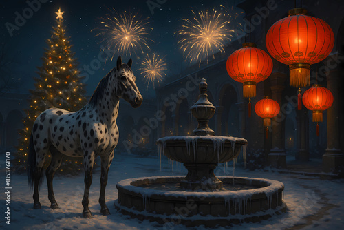A horse stands in a snow-covered, ornate European courtyard garden. It is located between a majestic, beautifully decorated Christmas tree and a classic stone fountain.