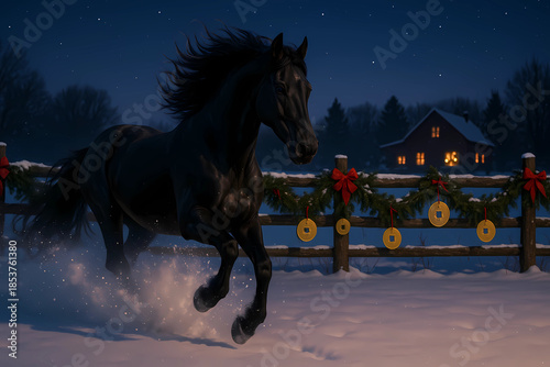 A horse gallops across an untouched snowfield at dusk. In the background, the fence is decorated with various ornaments: pine garlands, red ribbons and hanging gold coins.
