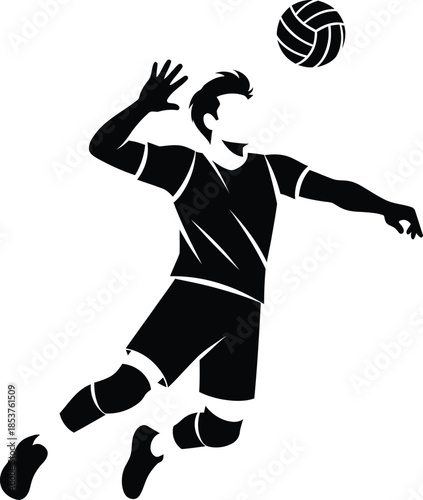 Silhouette of a volleyball player in action jumping to hit the ball