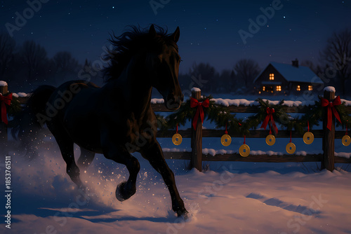 A horse gallops across an untouched snowfield at dusk. In the background, the fence is decorated with various ornaments: pine garlands, red ribbons and hanging gold coins.