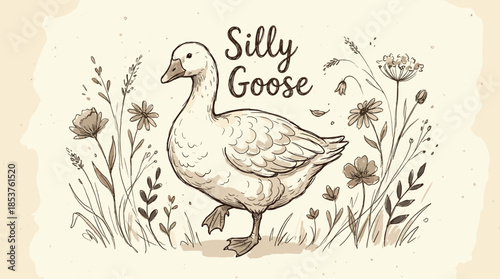 Silly goose vector illustration with cute hand drawn bird and floral elements. Vintage nursery wall art design for kids room decor and playful poster