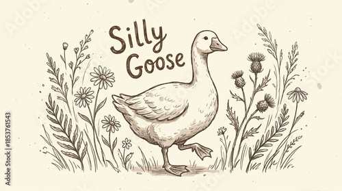 Silly goose vector illustration with cute hand drawn bird and floral elements. Vintage nursery wall art design for kids room decor and playful poster