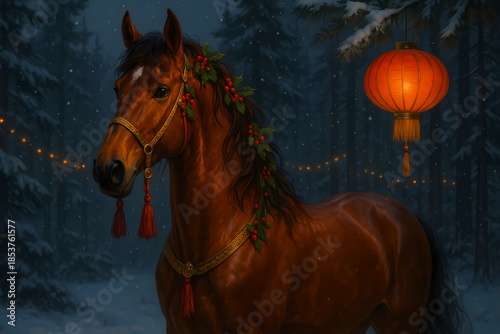 The horse stands in the forest, decorated with elements: a golden bridle with red tassels and holly berries. Garlands are hung on the trees, and a Chinese lantern hangs from a branch.