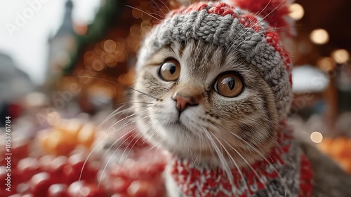 Wallpaper Mural Adorable Cat in Knitted Hat at Cozy Christmas Market Torontodigital.ca