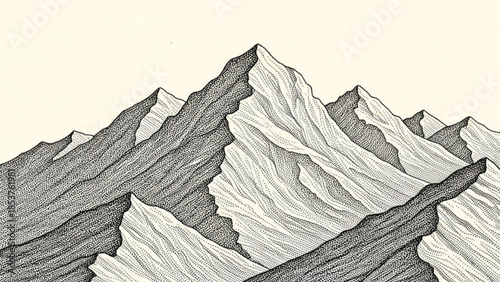 Detailed line art illustration of jagged mountain peaks a minimalist graphic representing nature and adventure perfect for travel or outdoor themes