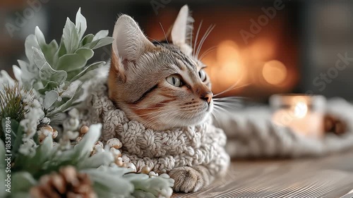 Wallpaper Mural Christmas Cozy Knitted Cat by Fireplace Warm Moment Torontodigital.ca