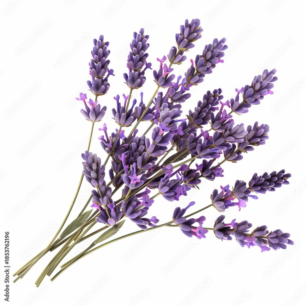 Obraz premium Freshly cut lavender flowers forming a bouquet, isolated on a white background