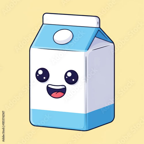 Cute cartoon milk carton with a smiling face on a pastel yellow background.