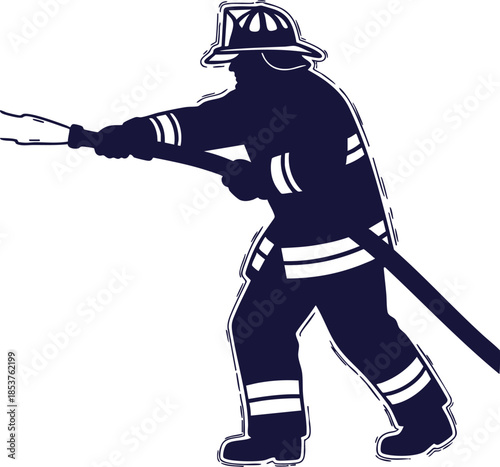 Vigilant Firefighter Silhouette Icon with Water Hose, Illustrating Emergency Services, Rescue Efforts, and Community Safety