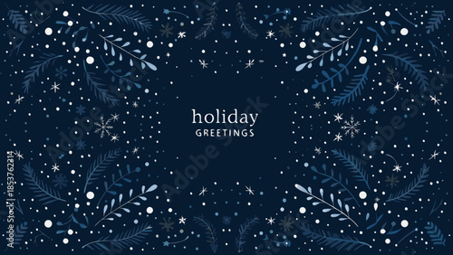 Dark blue holiday background with flowing winter shapes and snowflakes design