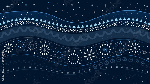 Winter background with layered abstract curve, snowflakes and stars in dark blue